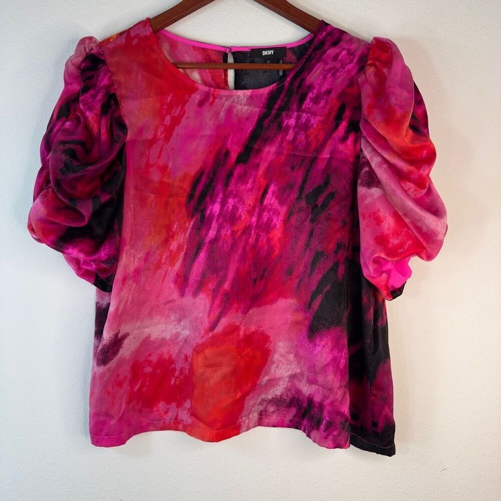 DKNY Printed Puff Sleeve Satin Top Womens XL Abstract‎ Feminine Watercolor Glam